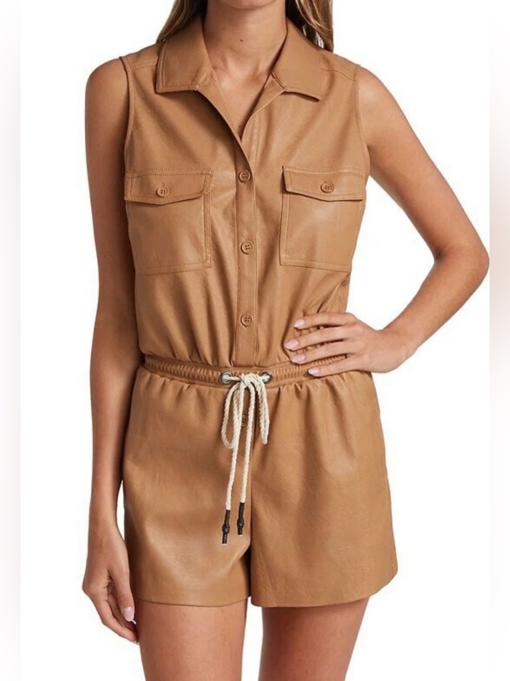 n: PHILANTHROPY Stoke Vegan Leather Romper Sleeveless Camel Brown L NWT Women’s